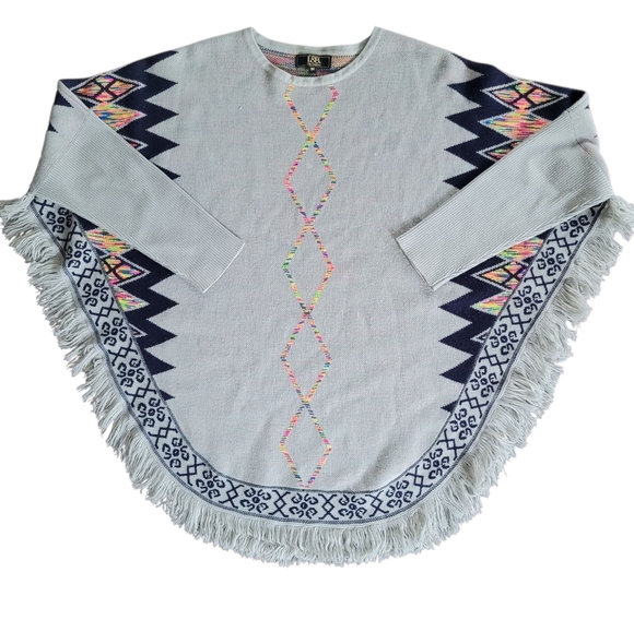 Women's 3X Gray Multicolored Aztec Fringed Poncho Knit Sweater Ribbed Sleeves - Picture 1 of 16